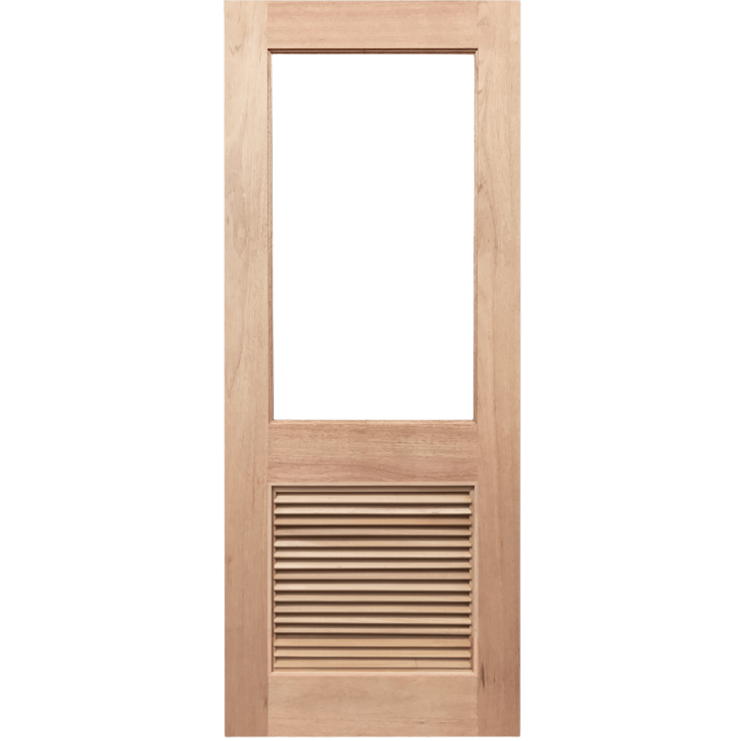 Wooden door with a rectangular glass panel and horizontal slat design on a transparent background. HalfFrench1G-LV
