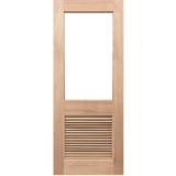 Wooden door with a rectangular glass panel and horizontal slat design on a transparent background. HalfFrench1G-LV