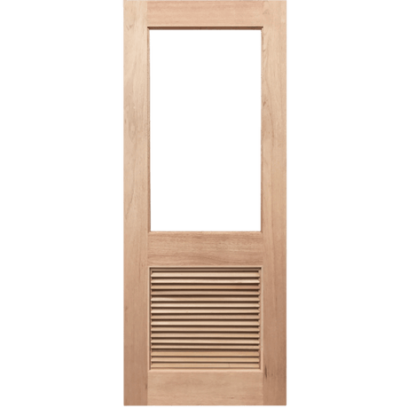 Wooden door with a rectangular glass panel and horizontal slat design on a transparent background. HalfFrench1G-LV