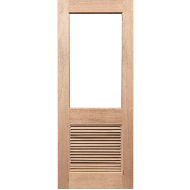 Wooden door with a rectangular glass panel and horizontal slat design on a transparent background. HalfFrench1G-LV