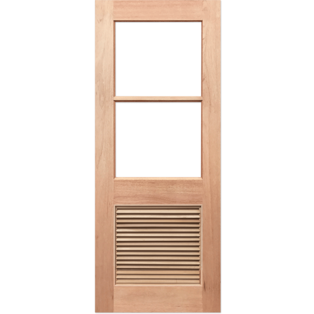 Wooden door with glass panels and a vent on a green background. HalfFrench2L-LV