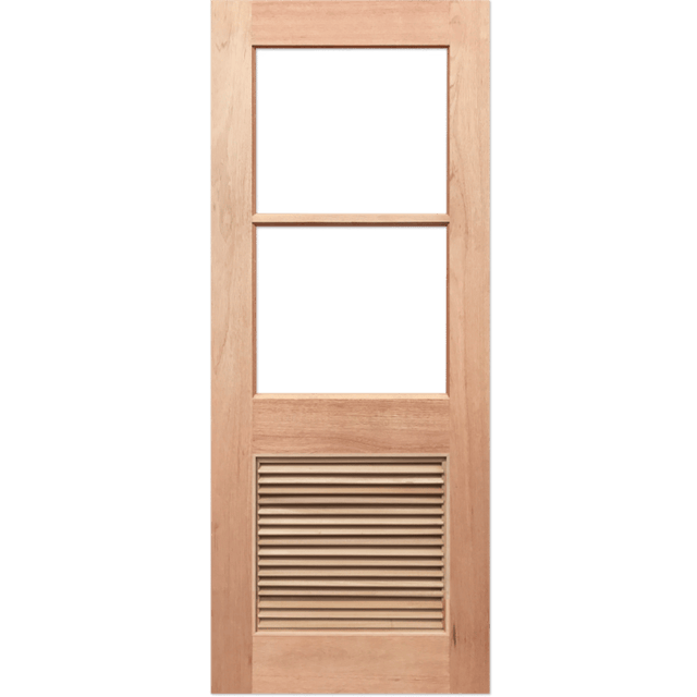 Wooden door with glass panels and a vent on a green background. HalfFrench2L-LV