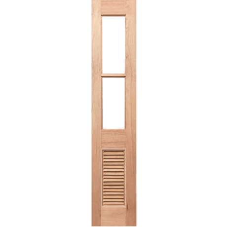 Wooden door with two rectangular windows and a shutter on a transparent background. HalfFrench2L-LVSidelight