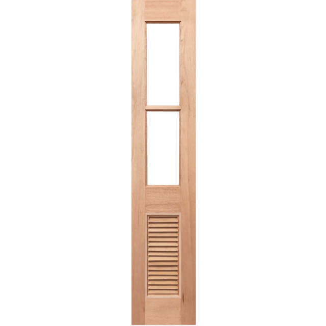 Wooden door with two rectangular windows and a shutter on a transparent background. HalfFrench2L-LVSidelight
