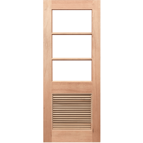 Wooden door with glass panels and a vent on a transparent background. HalfFrench3L-LV