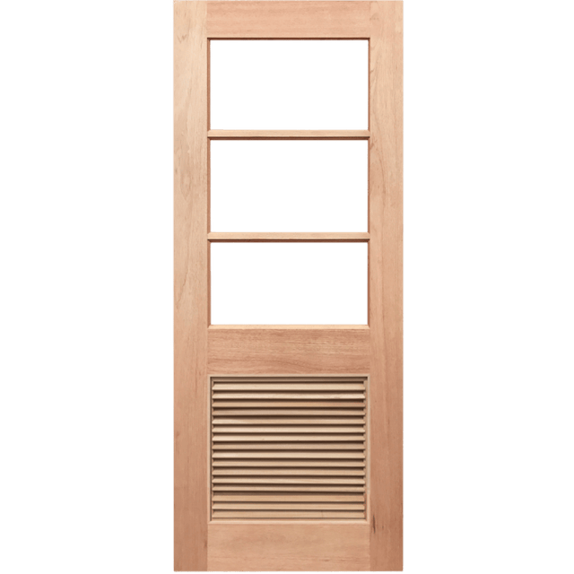 Wooden door with glass panels and a vent on a transparent background. HalfFrench3L-LV
