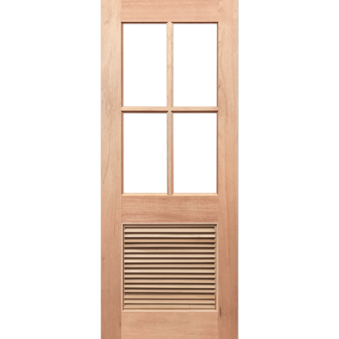 Wooden door with glass panels and a vent on a green background. HalfFrench4L-LV