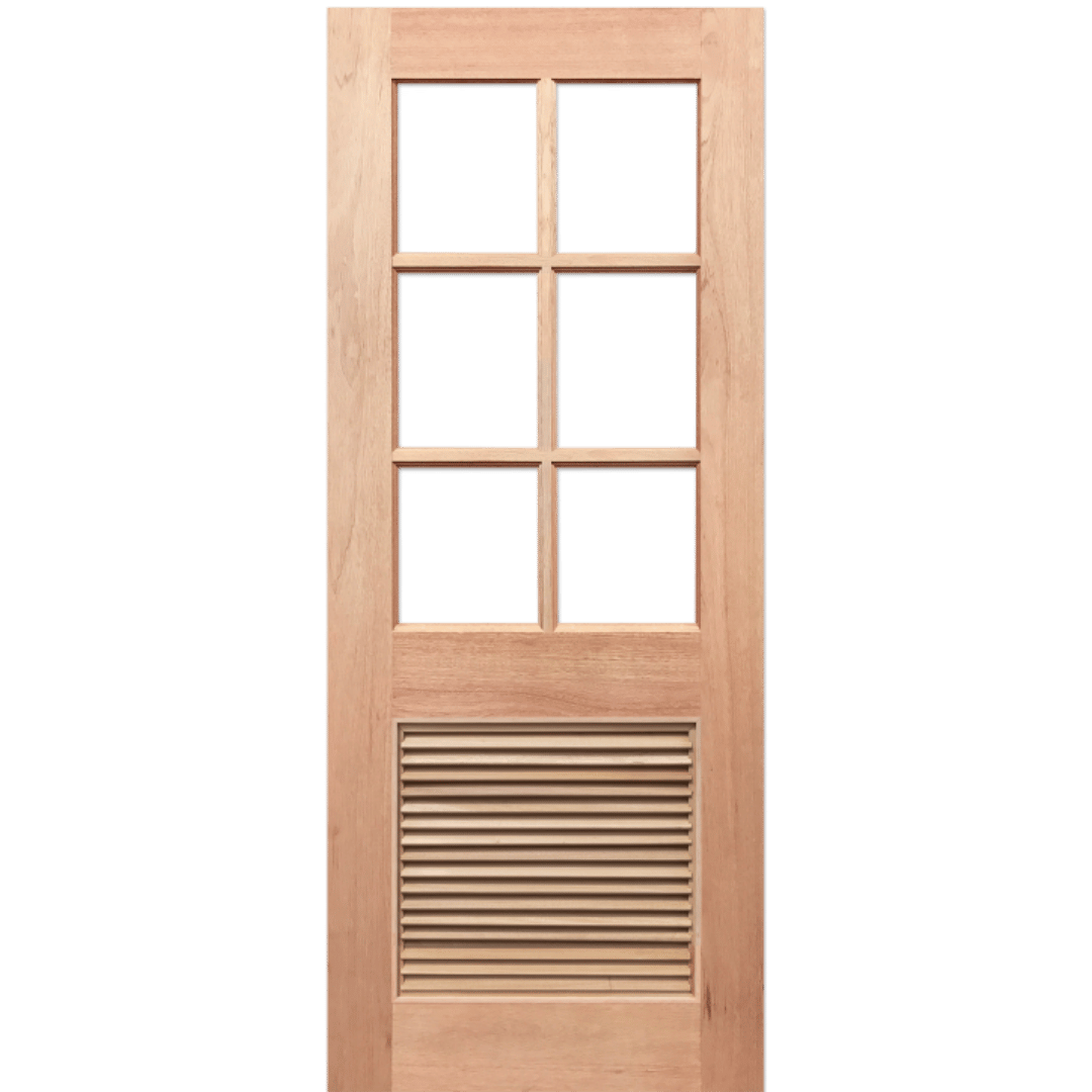 Wooden door with glass panels and a slatted design on a transparent background. HalfFrench6L-LV