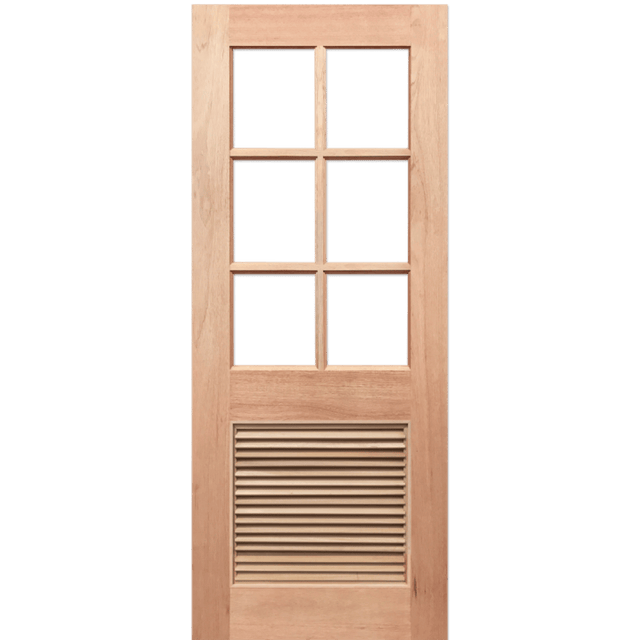 Wooden door with glass panels and a slatted design on a transparent background. HalfFrench6L-LV
