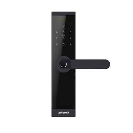 Black digital door lock with a digital keypad on a white background. HandySeries_H05KeylessEntrySmartDoorLock_fac956f1-0841-4b5e-9fbc-d7edea05cf3a