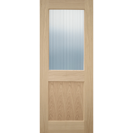 A light oak interior door with a rectangular ribbed glass panel at the top and a lower wood panel section, shown against a plain white background.