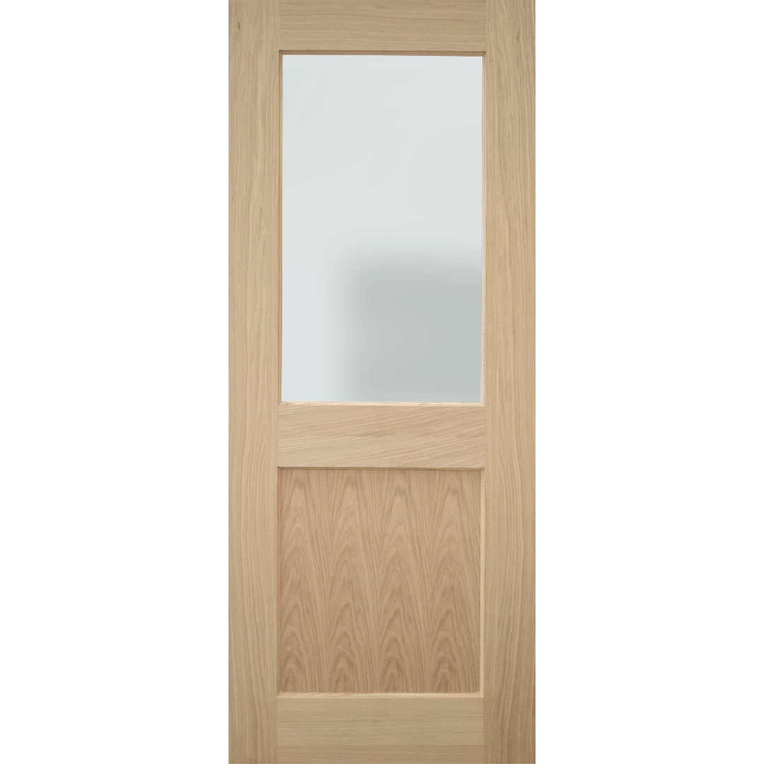 A light oak interior door with a frosted glass window in the upper half and a recessed wood panel in the lower half, shown against a plain white background.