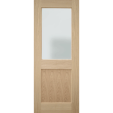 A light oak interior door with a frosted glass window in the upper half and a recessed wood panel in the lower half, shown against a plain white background.