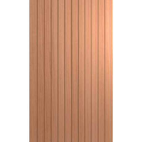 Wooden panel with vertical slats on a green background Hume_LinearEntranceXLR500_SlicedPacificMaple