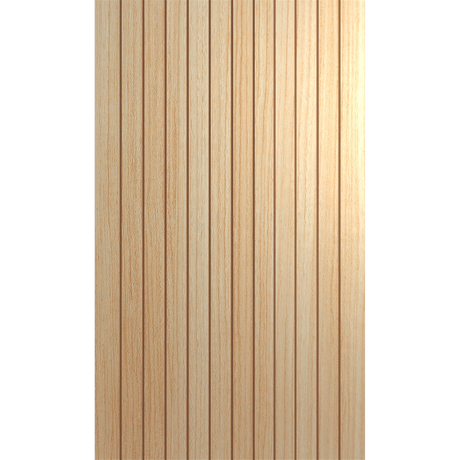 Wooden panel with vertical slats on a green background Hume_LinearEntranceXLR500_TasmanianOak_2