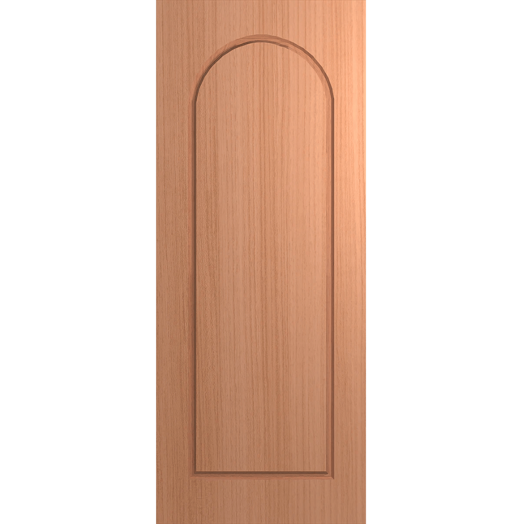 Wooden door with an arch-shaped panel on a green background Hume_VaucluseEntranceXV31_SlicedPacificMaple