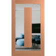 Wooden sliding door with a reflection of a living room with a blue sofa and TV. Hume_XIL21_SlicedPacificMaple_Clear