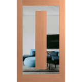 Wooden sliding door with a reflection of a living room with a blue sofa and TV. Hume_XIL21_SlicedPacificMaple_Clear