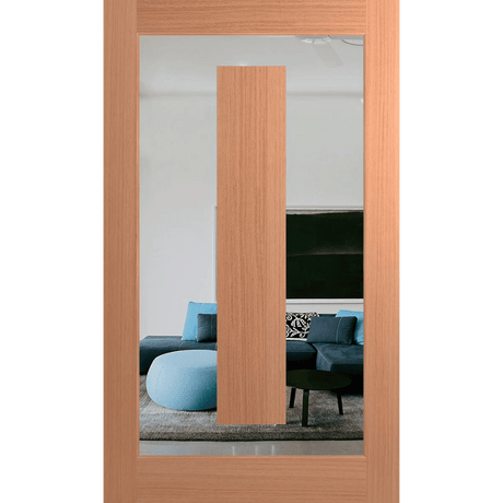 Wooden sliding door with a reflection of a living room with a blue sofa and TV. Hume_XIL21_SlicedPacificMaple_Clear