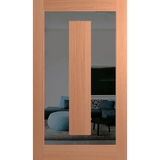 Wooden door with glass panel showing a living room with blue sofa and decorative pillows. Hume_XIL21_SlicedPacificMaple_Grey Tint