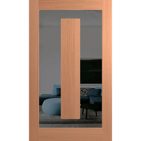 Wooden door with glass panel showing a living room with blue sofa and decorative pillows. Hume_XIL21_SlicedPacificMaple_Grey Tint
