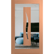 Wooden door with a glass panel showing a living room with a blue sofa and TV. Hume_XIL26_SlicedPacificMaple_Clear