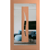 Wooden door with a glass panel showing a living room with a blue sofa and TV. Hume_XIL26_SlicedPacificMaple_Clear