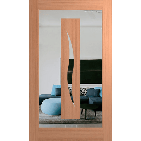 Wooden door with a glass panel showing a living room with a blue sofa and TV. Hume_XIL26_SlicedPacificMaple_Clear