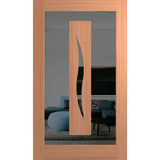 Wooden door with a glass panel showing a living room with a blue sofa and decorative pillows. Hume_XIL26_SlicedPacificMaple_GreyTint