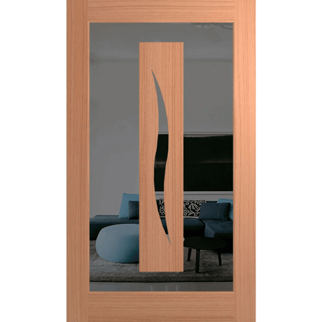 Wooden door with a glass panel showing a living room with a blue sofa and decorative pillows. Hume_XIL26_SlicedPacificMaple_GreyTint