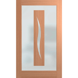Wooden door with a glass panel featuring a wavy design on a green background Hume_XIL26_SlicedPacificMaple_GreyTint