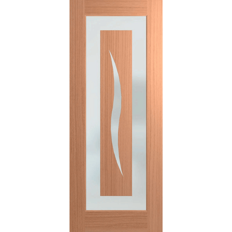 Wooden door with a glass panel featuring a wavy design on a green background Hume_XIL6_SlicedPacificMaple_Translucent