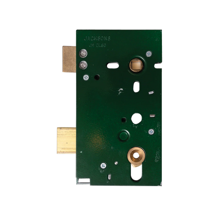 Green door lock mechanism with brass components on a white background. JacksonLocksLongMorticeLockWithPrivacyFollower60mmBackset