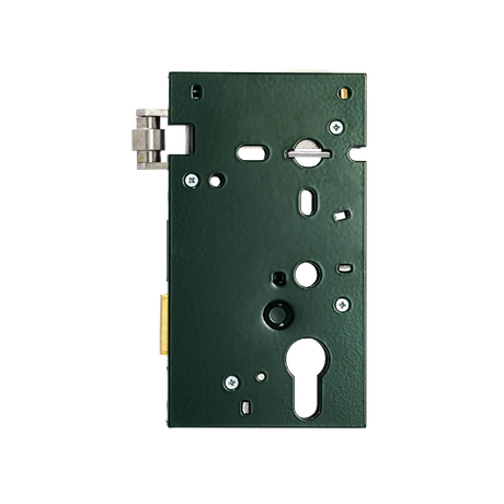 Green metal lock mechanism on a white background. JacksonLocksMorticeRollerLockForUseWithEuroCylinder