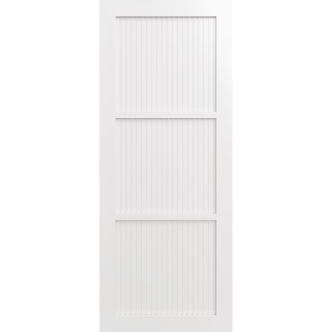 White wooden door with vertical slats on a green background. LUX3-RoutedBatten