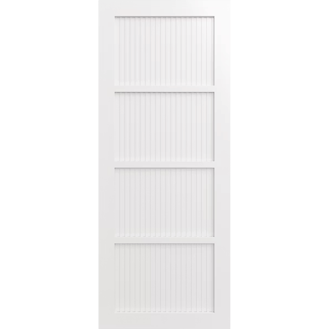 White wooden door with horizontal slats on a green background. LUX4-RoutedBatten