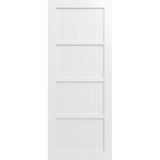 White wooden door with horizontal slats on a green background. LUX4-RoutedBatten