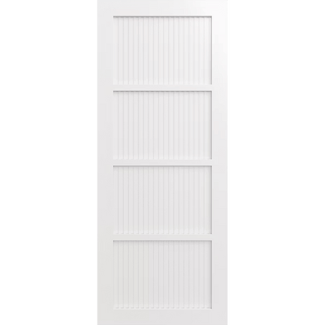 White wooden door with horizontal slats on a green background. LUX4-RoutedBatten