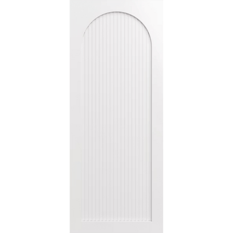 White door with a decorative arch on a green background. LUX8-RoutedBatten