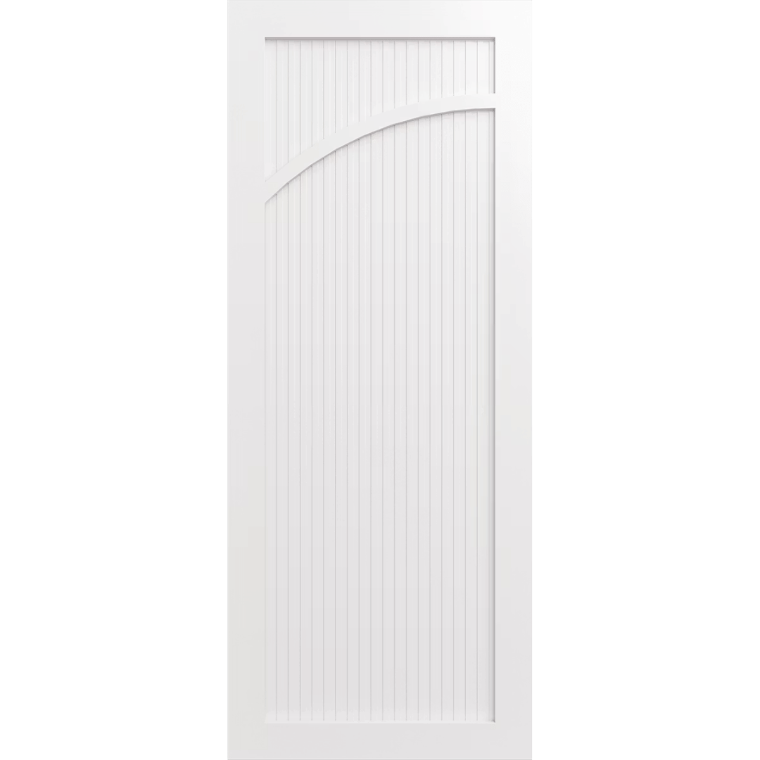 White wooden door with a vertical slat and an arch facing left. LUX9L-RoutedBatten