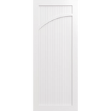 White wooden door with a vertical slat and an arch facing left. LUX9L-RoutedBatten
