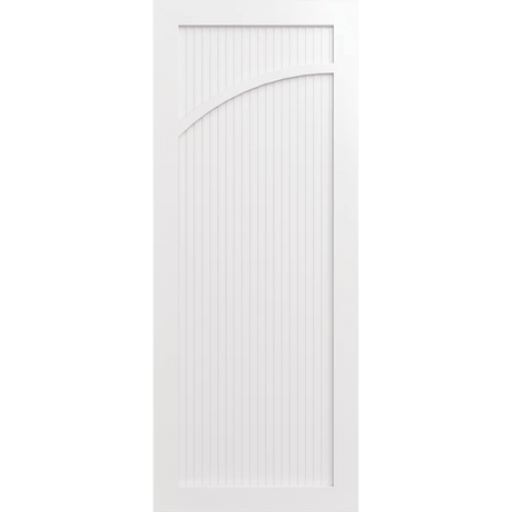 White wooden door with a vertical slat and an arch facing left. LUX9L-RoutedBatten