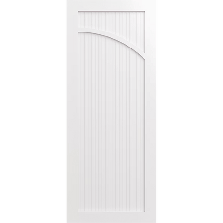 White door with a vertical slat design and an arch facing right. LUX9R-RoutedBatten