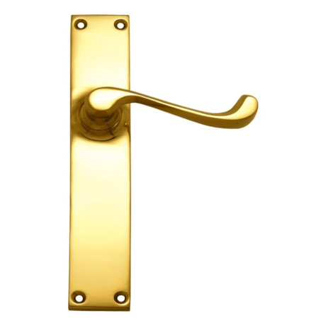 Gold door handle on a white background. 
LeverLatchPB105x36mm
