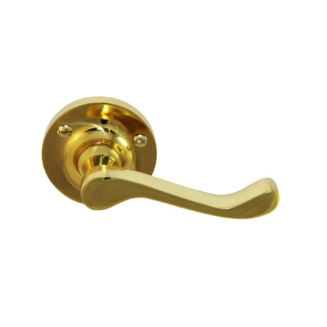 Gold door handle on a white background. LeverLatch_ForgedVirginBrass_PB62mm