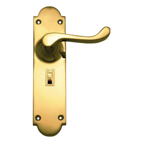 Gold door handle with lock on a white background. LeverLockPrivacyBathroomPB200x50mm