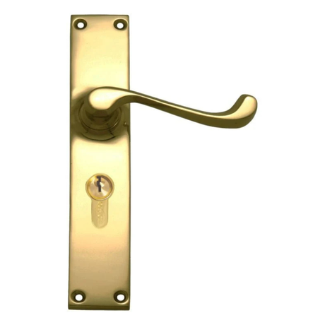 Brass door handle on a white background. LeverLock_CC47.6mm_PB152x36mm_2
