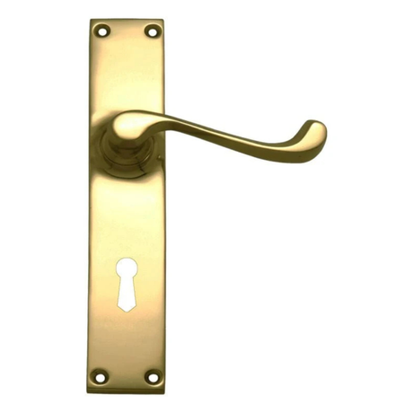 Brass door handle with keyhole on a white background. LeverLock_CC57mm_PB152x36mm_1