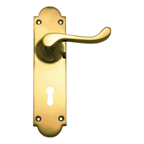 Gold door handle with keyhole on a white background. LeverLock_CC57mm_PB200x50mm