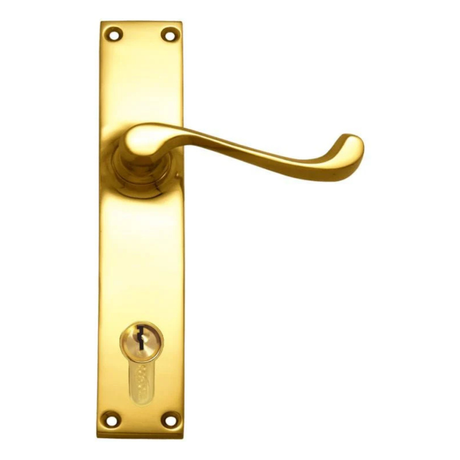 Gold door handle with lock on a white background. LeverLock_CC85mm_PB200x36mm